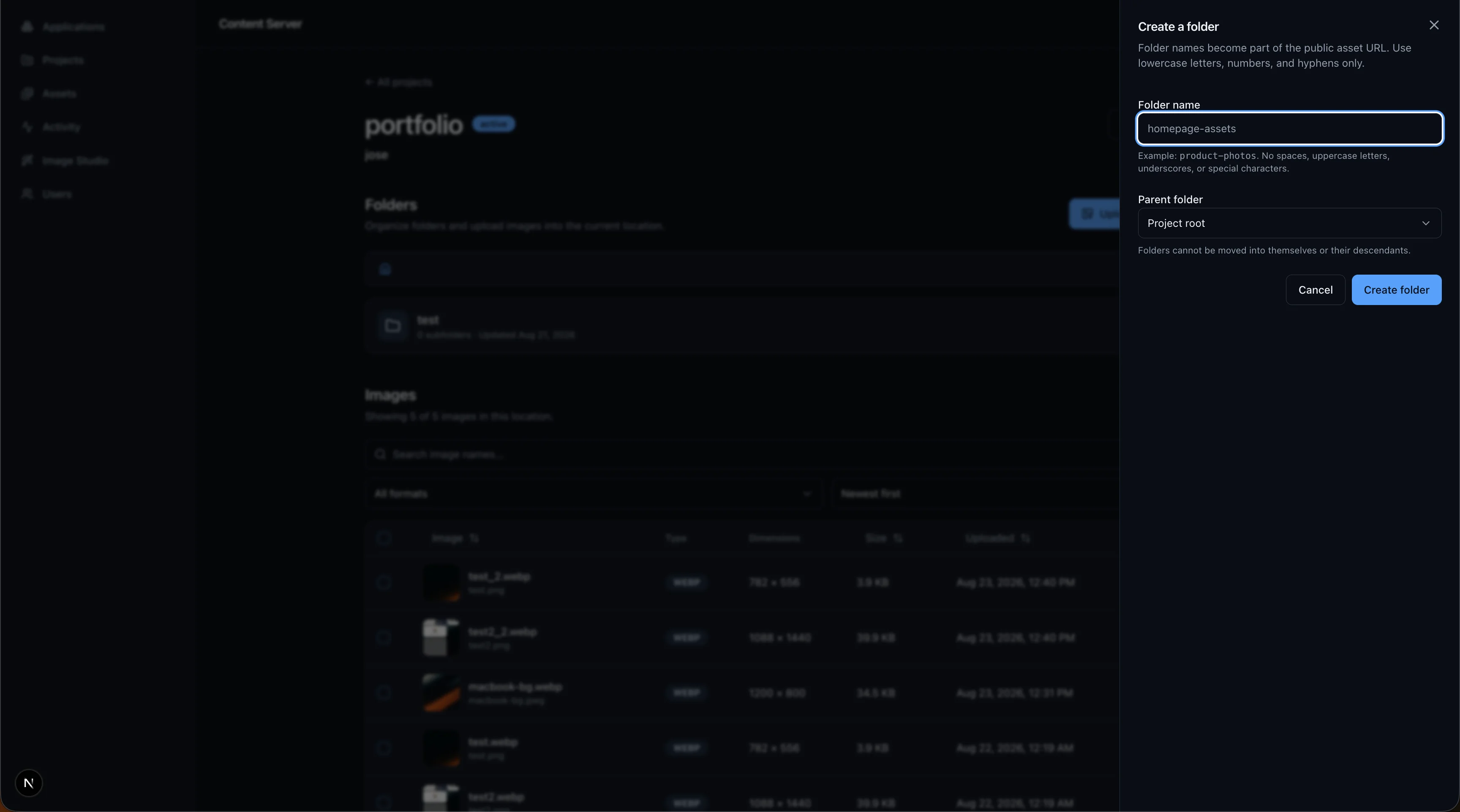 Content Server folder creation panel with folder naming rules and parent-folder selection.